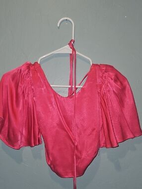 Women's Pink Satin Flutter Sleeve Top